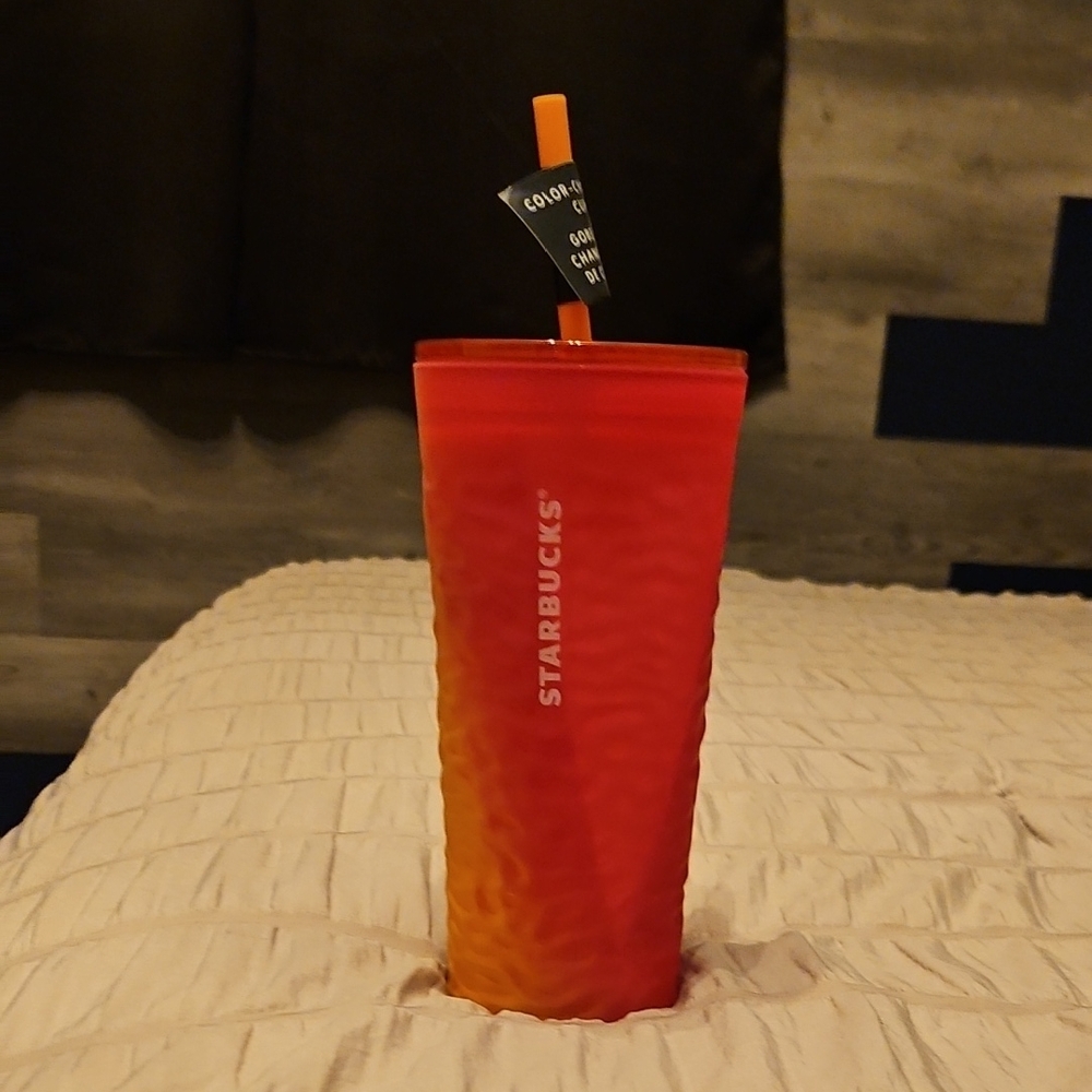 Starbucks Vibrant Red and Orange Tumbler with Straw
